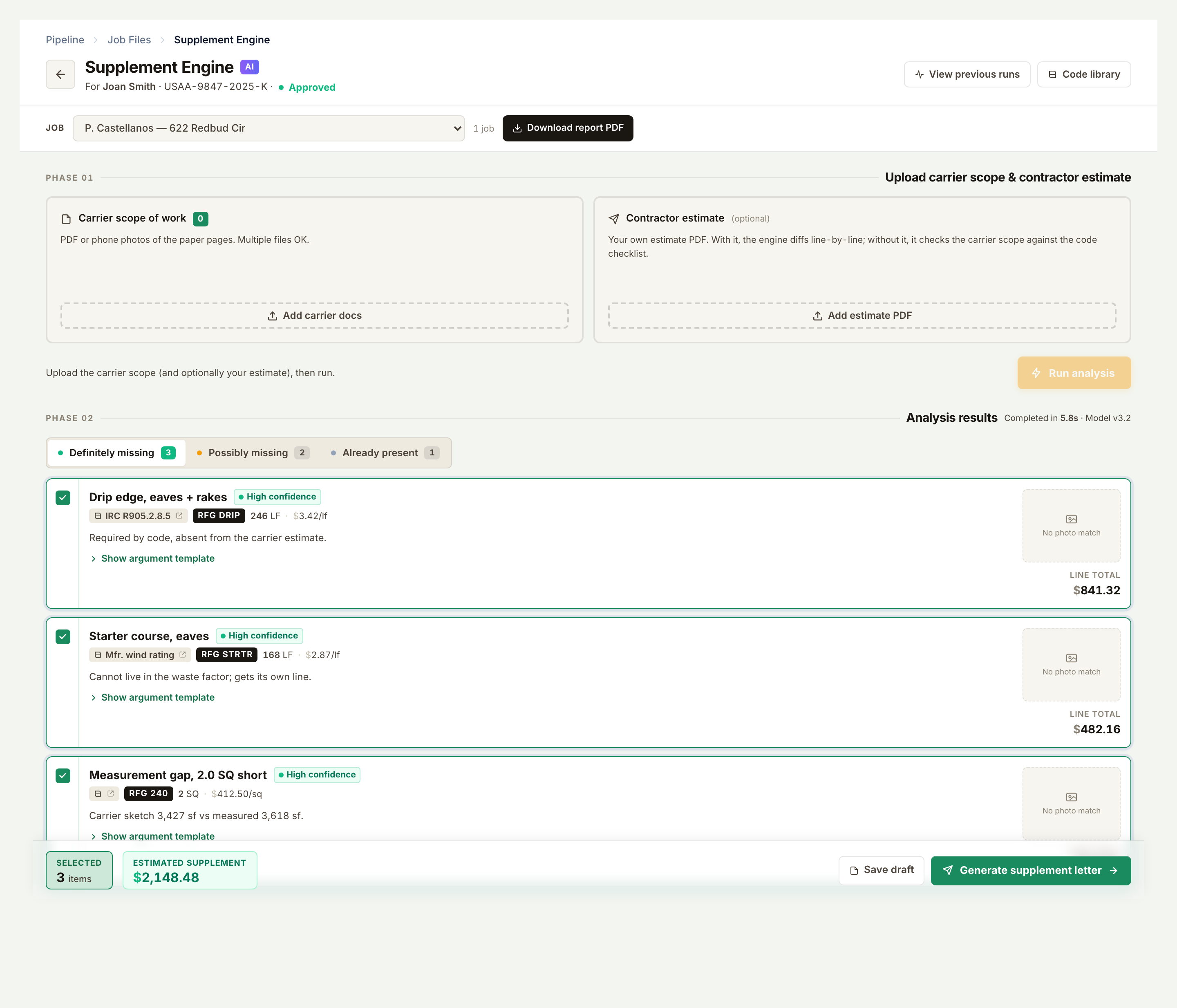 RoofDorks supplement engine: definitely-missing line items with code citations, quantities, and dollar totals